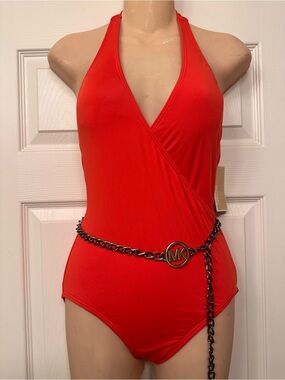 Michael Kors Red Halter One-Piece Swimsuit with Chain MK Belt